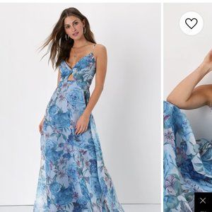 Lulu's Enchanting Entrance Blue Floral Organza Keyhole Maxi Dress